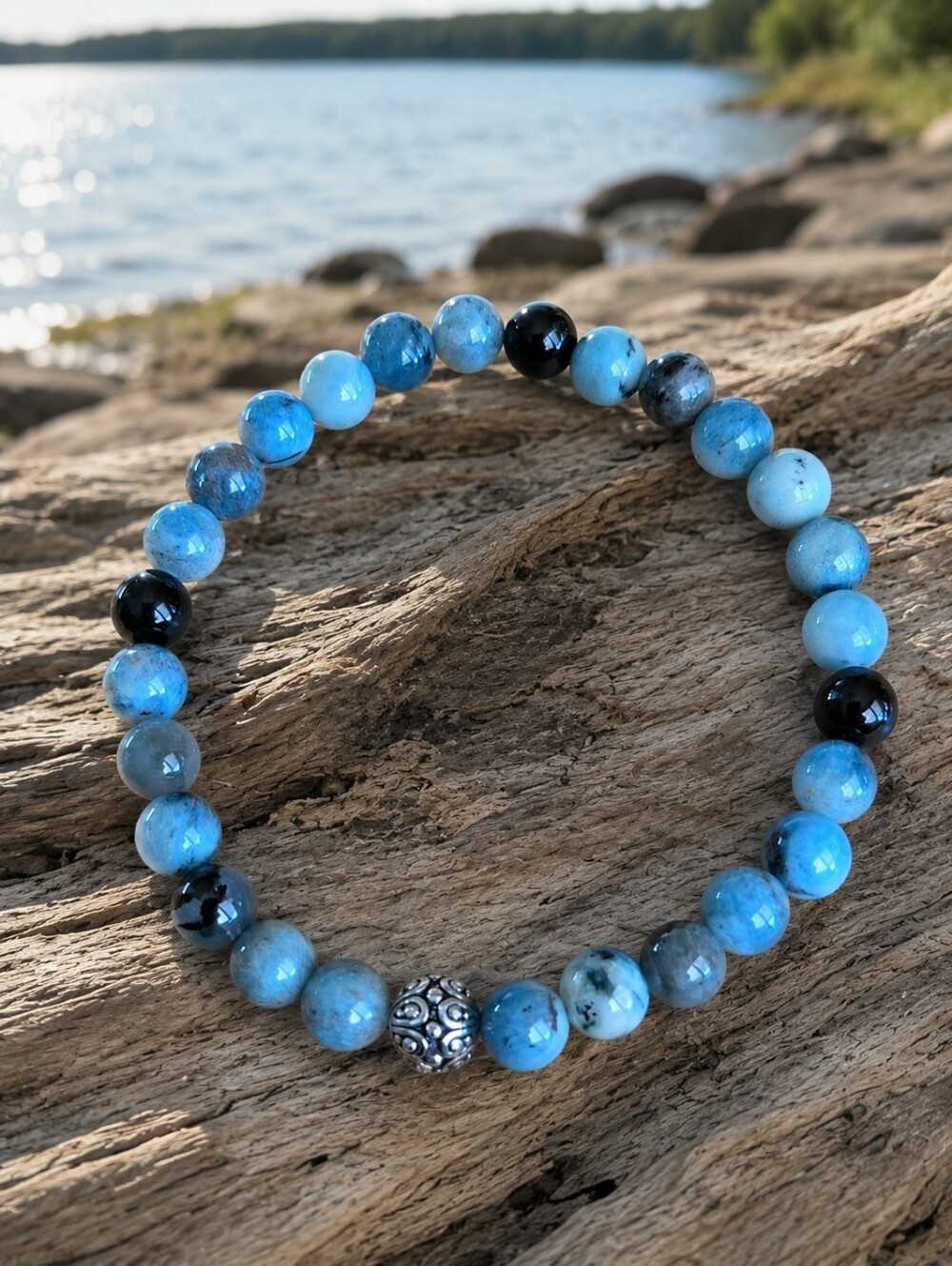 Blue Devil Aquamarine Beaded Stretch Bracelet | Handmade